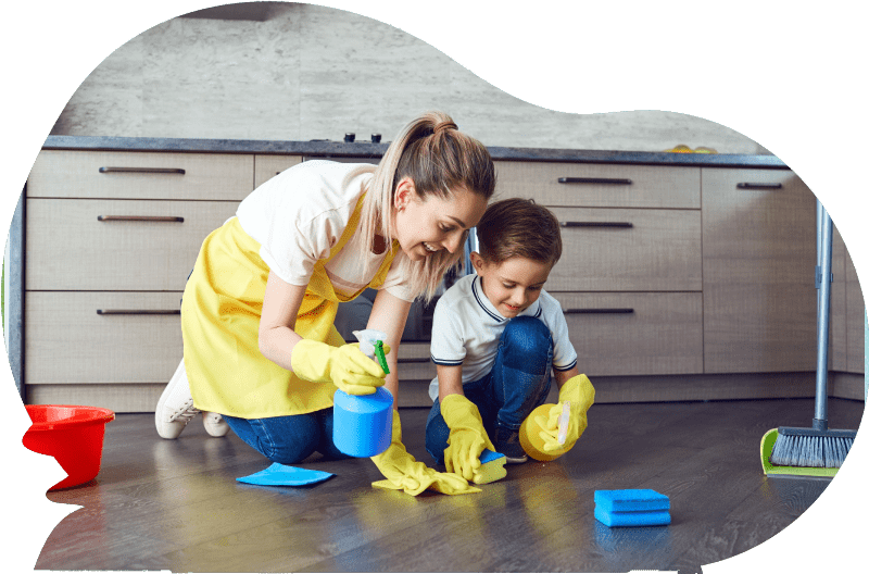Daily living skills Mother and son are cleaning the apartment